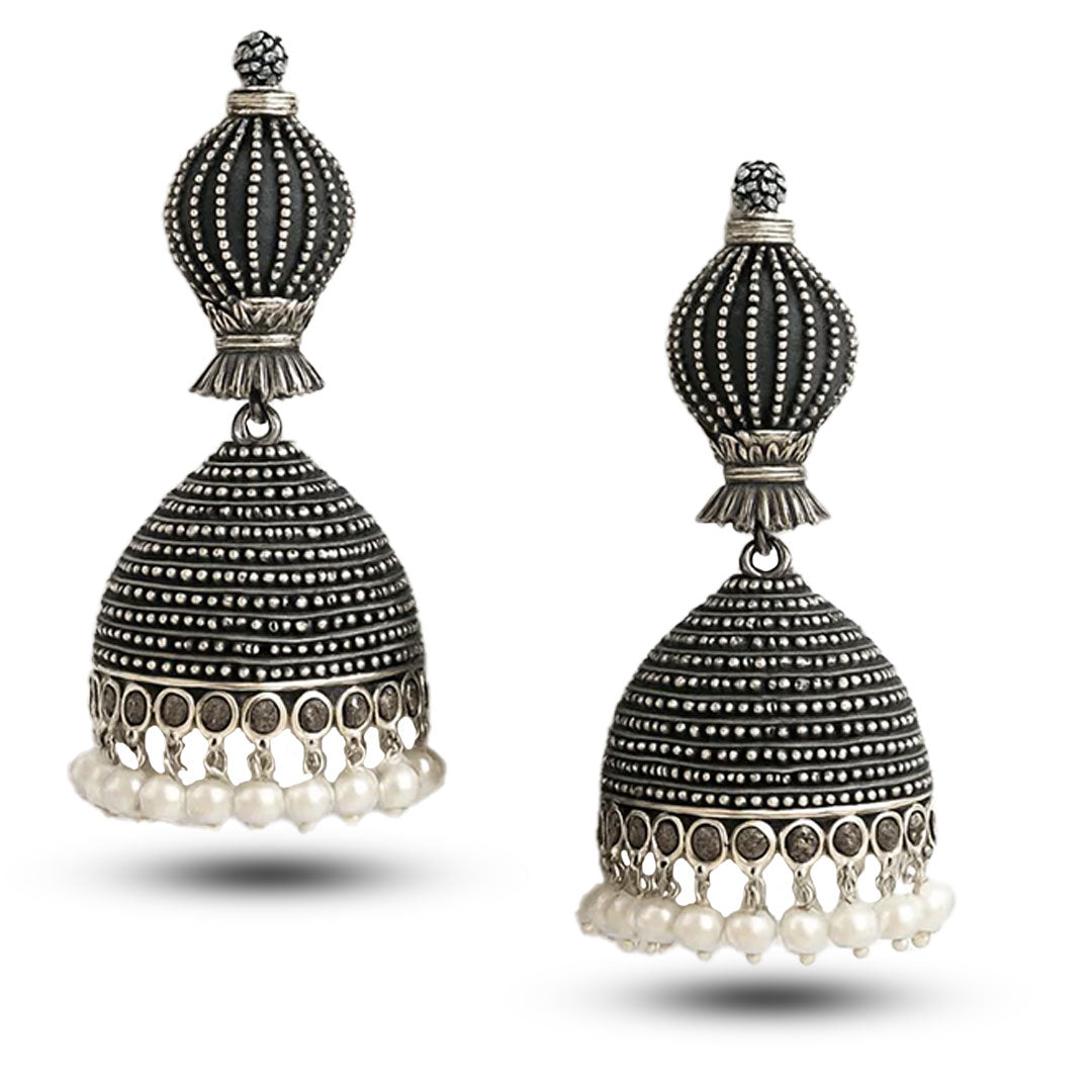 Classic Oxidised Silver Pearl Jhumka Earrings